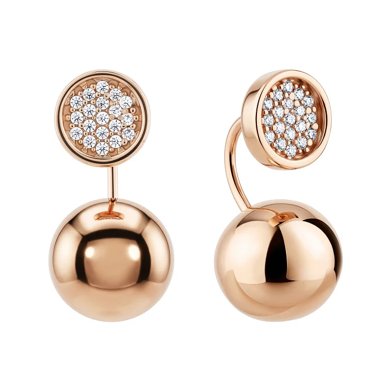 Серьги-джекеты из красного золота с фианитами - 2210737