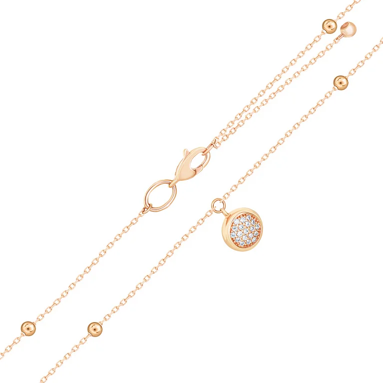 Кольє з круглим підвісом з червоного золота з фіанітами якірне плетіння - 1585211
