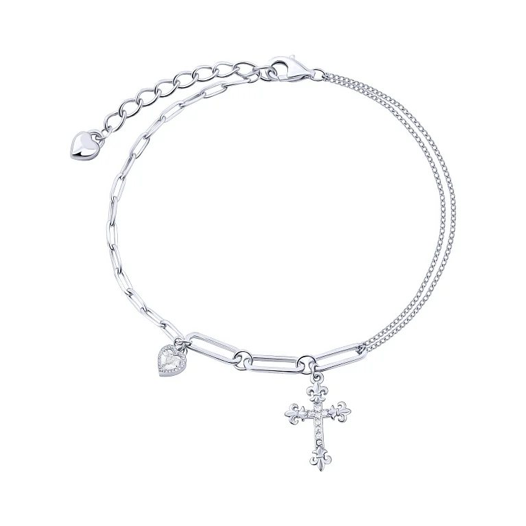 Срібний браслет з підвісками "Серце і хрестик" з фіанітами в подвійному плетінні - 2162950