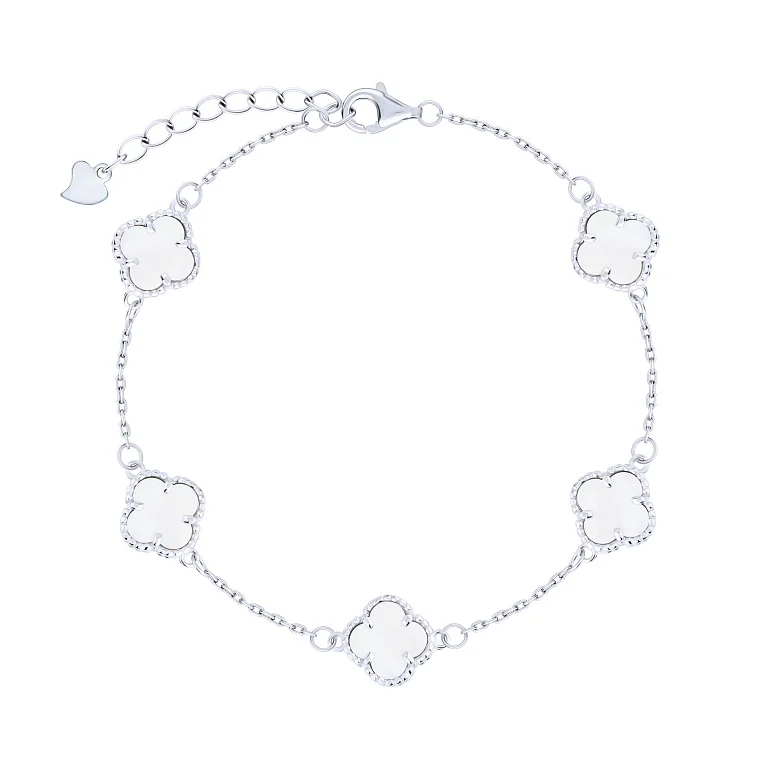 Срібний браслет "Конюшина" з перламутром плетіння якір - 2146919