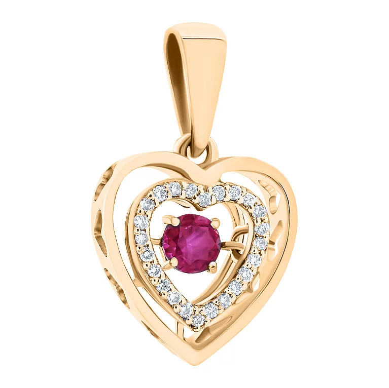 Підвіска "Сердечка" в червоному золоті з доріжкою діамантів і рубіном. Артикул П282р: ціна, відгуки, фото – купити в інтернет-магазині AURUM