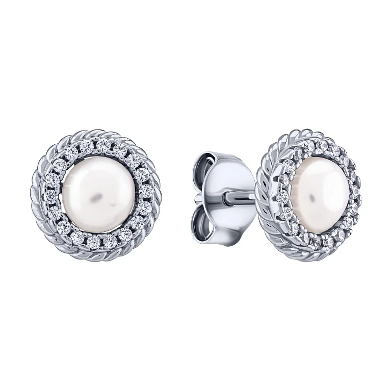 Сережки-гвоздики зі срібла з доріжкою фіанітів і перлиною - 2146368