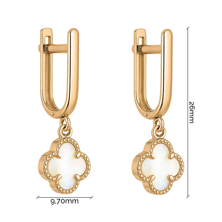 Серьги из красного золота с подвесом "Клевер" с перламутром - 2139261