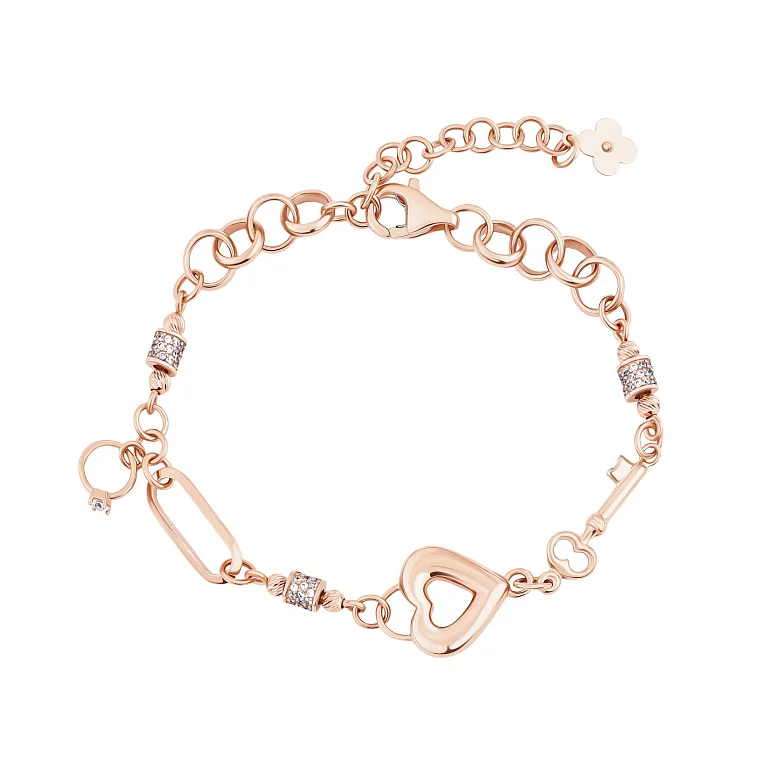 Браслет в красном золоте с плетением шопард, подвесами и фианитами "Серце" - 2135055