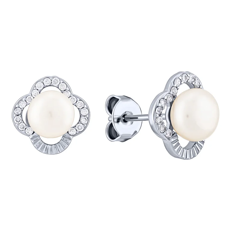 Срібні сережки-пусети "Квітка" з фіанітами та перлиною - 2090527