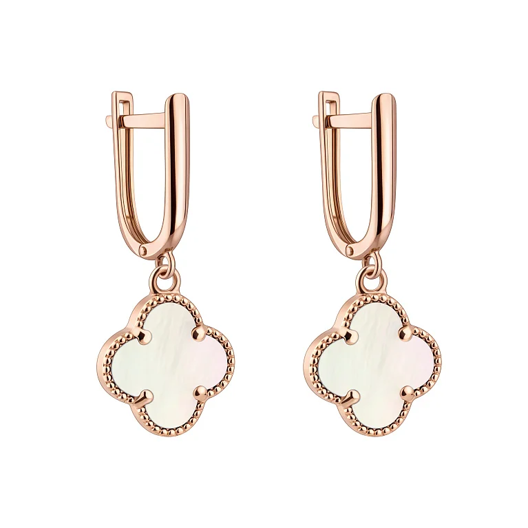 Серьги в красном золоте с подвесом "Клевер" с перламутром - 2139281