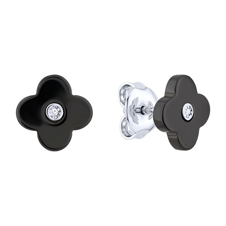 Сережки-пусети "Квітка" з фіанітом і керамікою у сріблі - 2211135