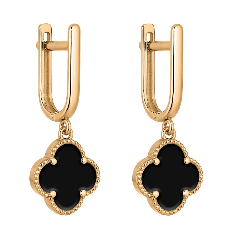 Серьги в красном золоте "Клевер" с ониксом  - 2139282