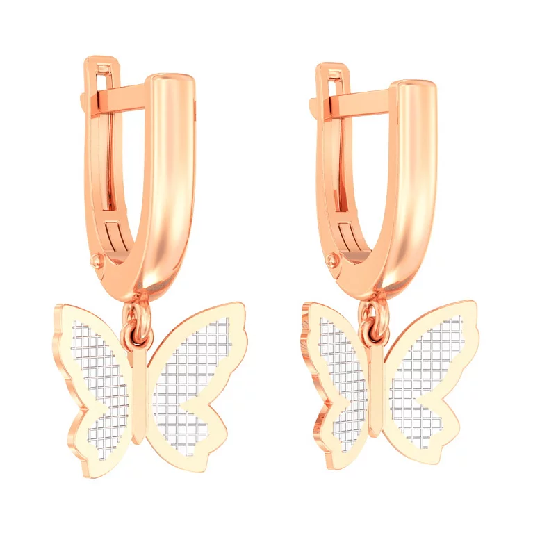 Сережки з комбінованого золота з підвісами "Метелики". Артикул 110471: ціна, відгуки, фото – купити в інтернет-магазині AURUM