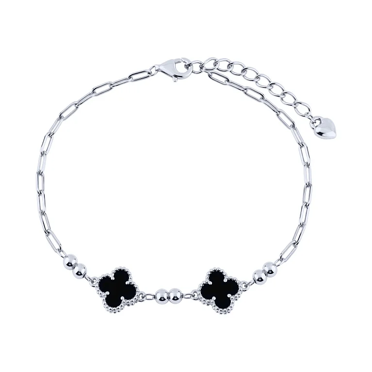 Браслет "Клевер" из серебра с ониксом плетение якорь - 2222032