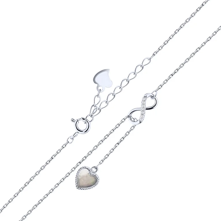 Срібне кольє-краватка "Серце та безкінечність" з перламутром та фіанітами плетіння якір - 2187639