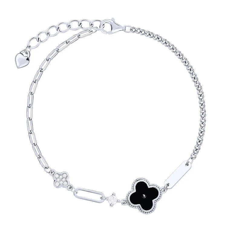 Срібний браслет з фіанітами та емаллю "Конюшина" в подвійному плетінні - 2172626