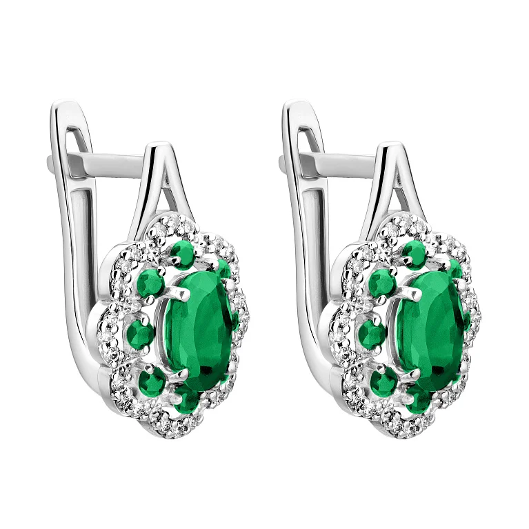 Стильні сережки "Квітка" з білого золота з діамантами та смарагдами - 2142192