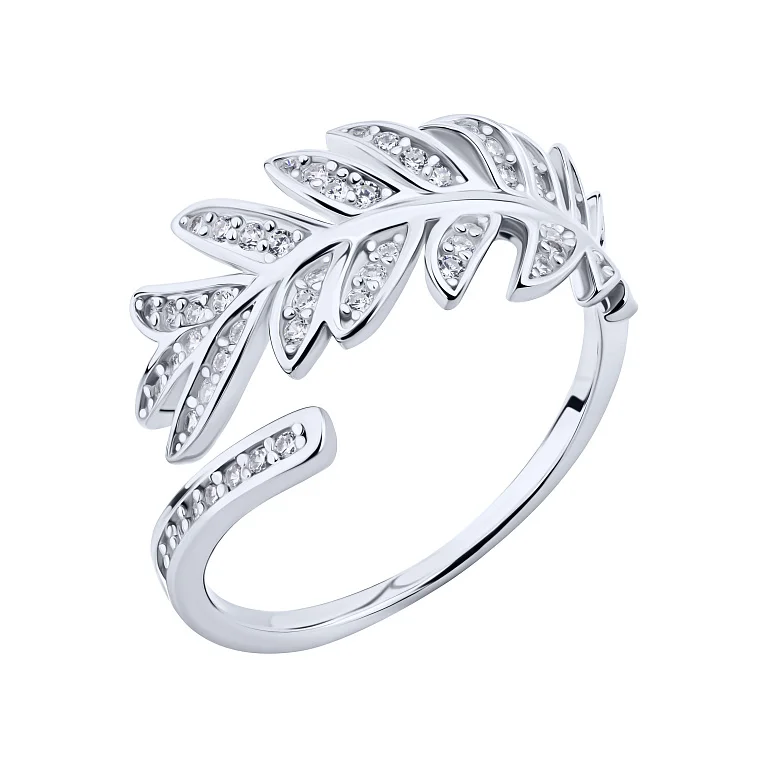 Срібна незамкнута каблучка "Листочок" з розсипом фіанітів - 2149245