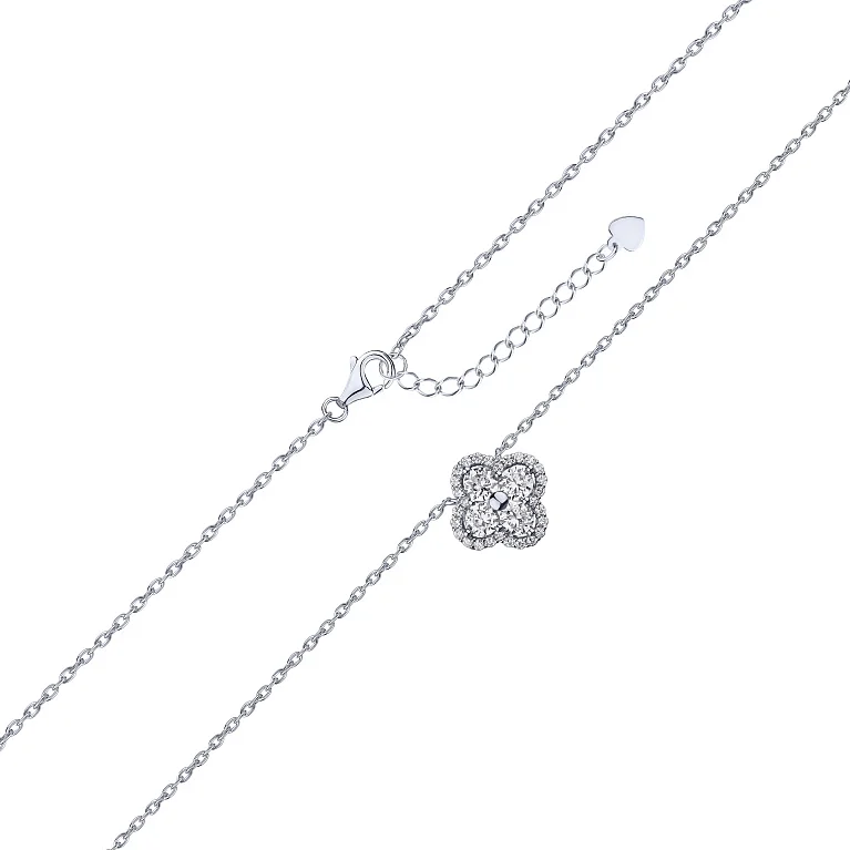 Колье с подвесом "Клевер" из серебра с фианитами якорное плетение - 2192884