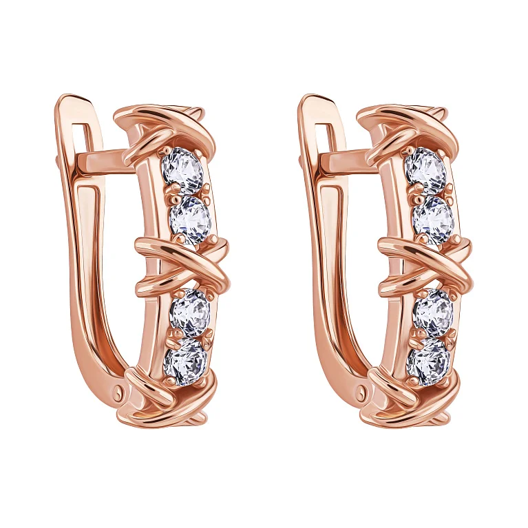 Стильные сережки в красном золоте с фианитами - 2135983