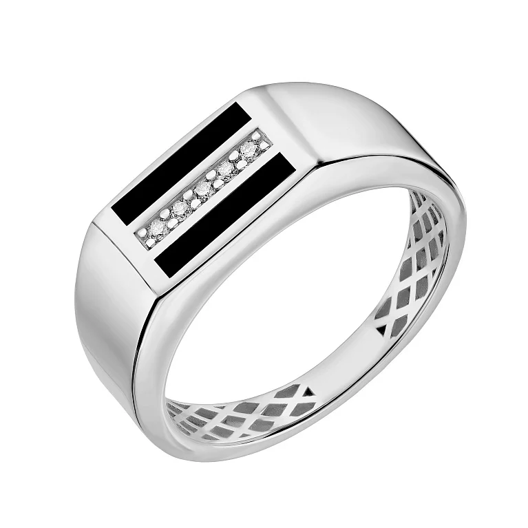 Перстень-печатка з білого золота з діамантами та емаллю - 2226468