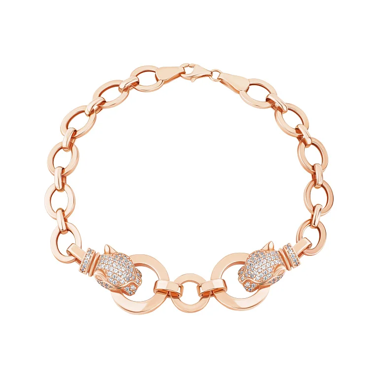 Браслет з червоного золота з розсипом фіанітів "Пантера" плетіння якір - 1976649