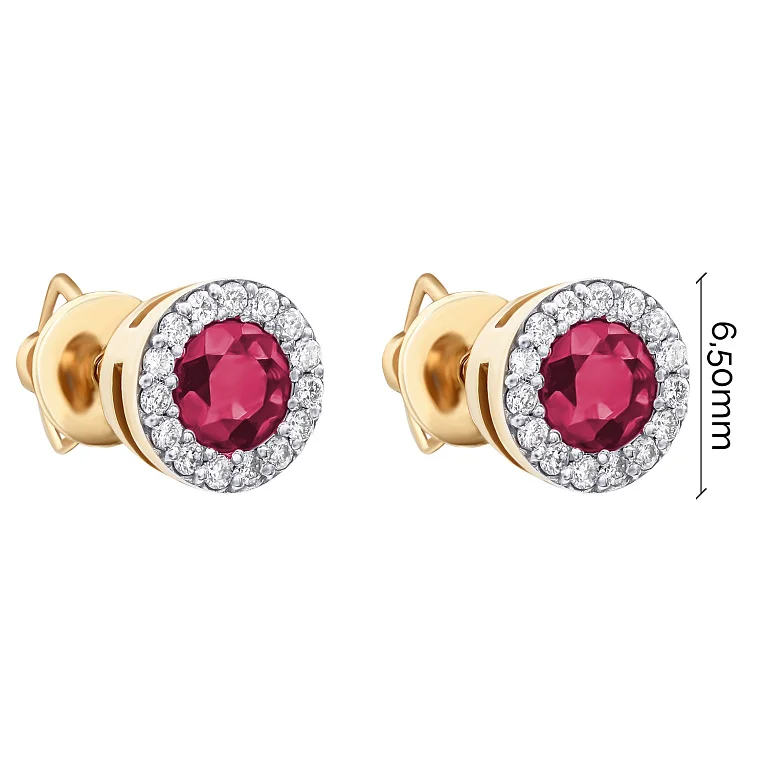 Сережки-гвоздики из красного золота с рубином и бриллиантами - 1727007
