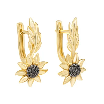 Сережки "Золотые Подсолнухи" из желтого золота с черными бриллиантами - 1803244