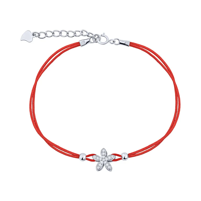 Подвійний шовковий браслет зі вставкою зі срібла "Квіточка" з фіанітами - 2147073