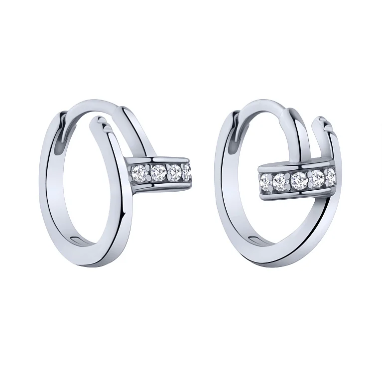 Серебряные серьги-кольца "Гвоздь" с фианитами - 2162580