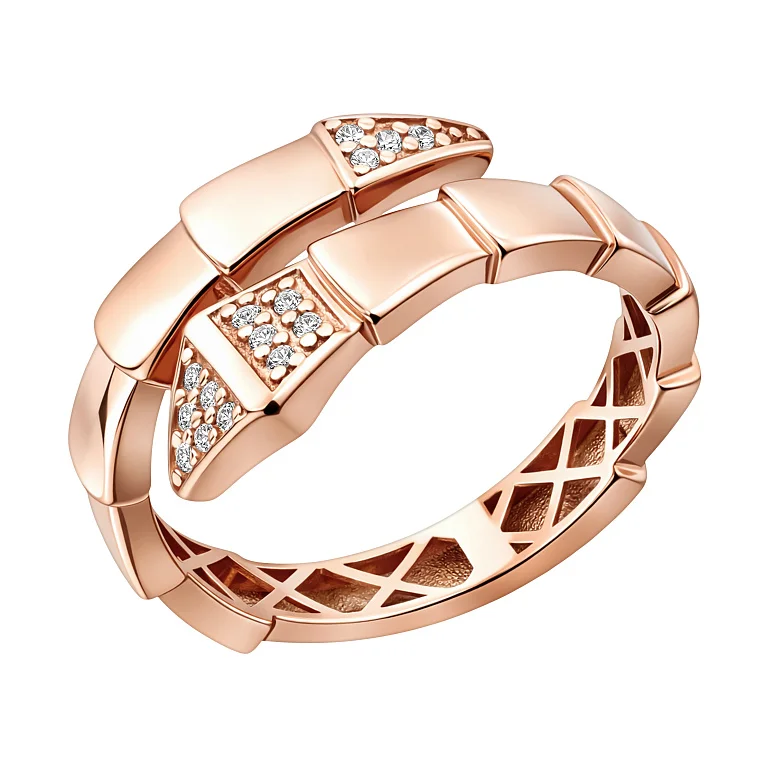 Незамкнена каблучка "Змія" із червоного золота з фіанітами - 2134794