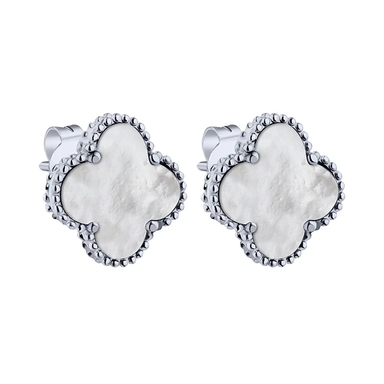 Серьги-пусеты "Клевер" в серебре с перламутром - 2159860