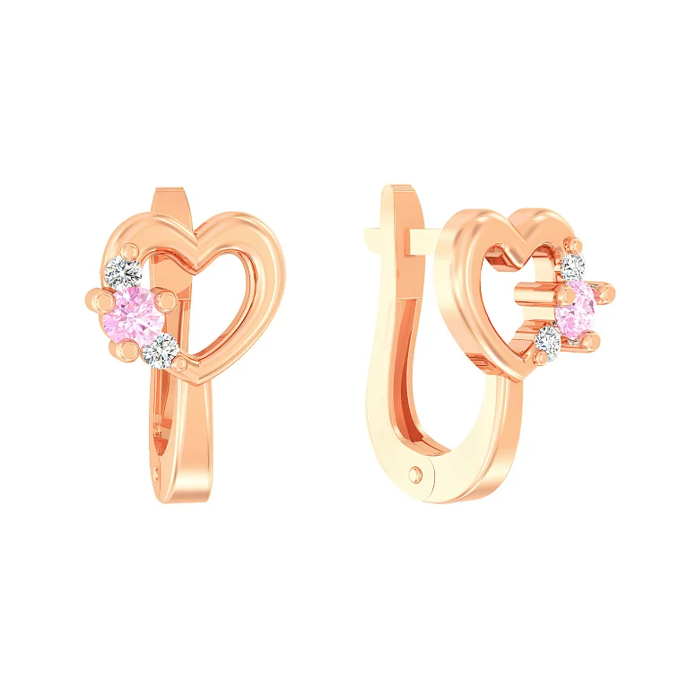 Дитячі сережки "Серце" із червоного золота з білими і рожевими фіанітами - 2118107