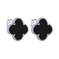 Сережки-пусети "Конюшина" у сріблі з оніксом - 2159859