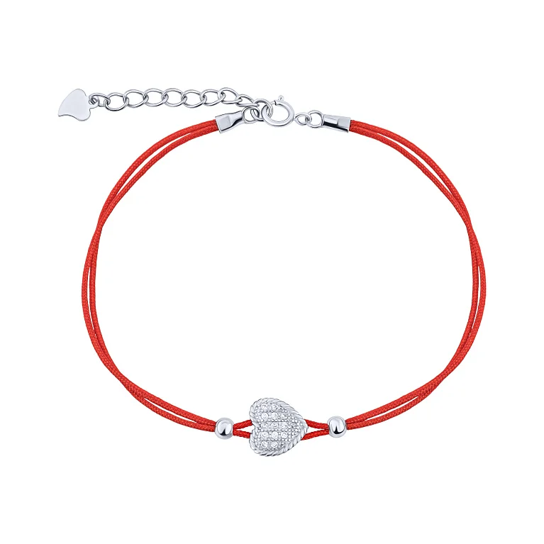 Подвійний шовковий браслет "Серце" зі вставкою зі срібла з фіанітами - 2147071