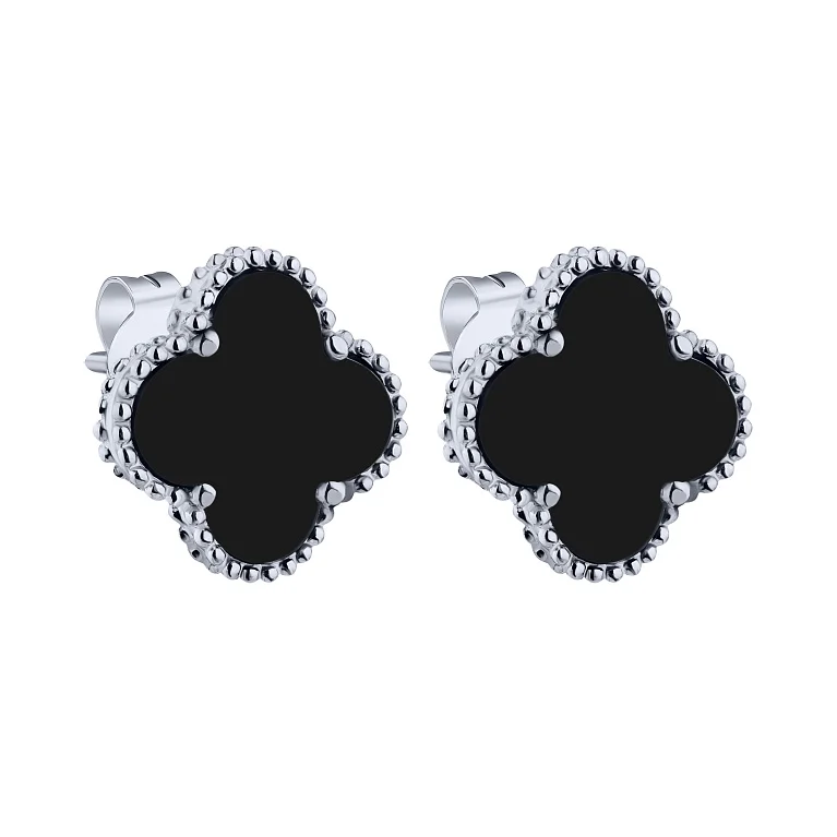 Сережки-пусети "Конюшина" у сріблі з оніксом - 2159859