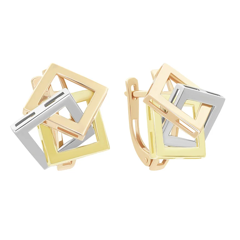Серьги в комбинированном золоте "Тринити квадраты" - 2127587