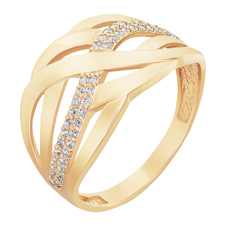 Широкое золотое кольцо с фианитами "Переплетение". Артикул 116191: цена, отзывы, фото – купить в интернет-магазине AURUM