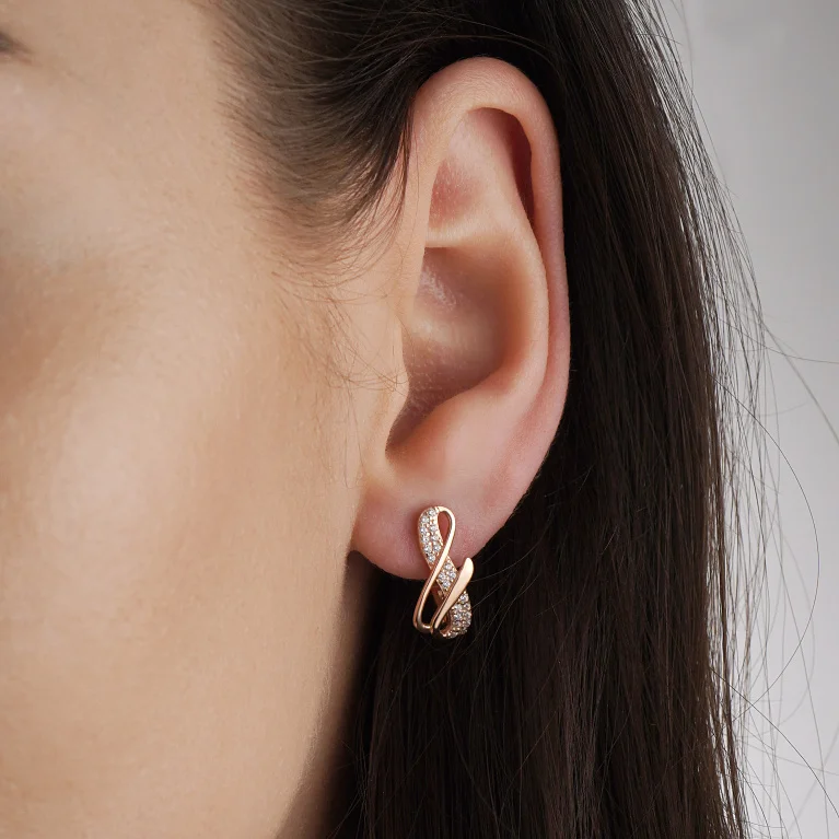 Сережки "Нескінченність" у червоному золоті з фіанітами - 2217866