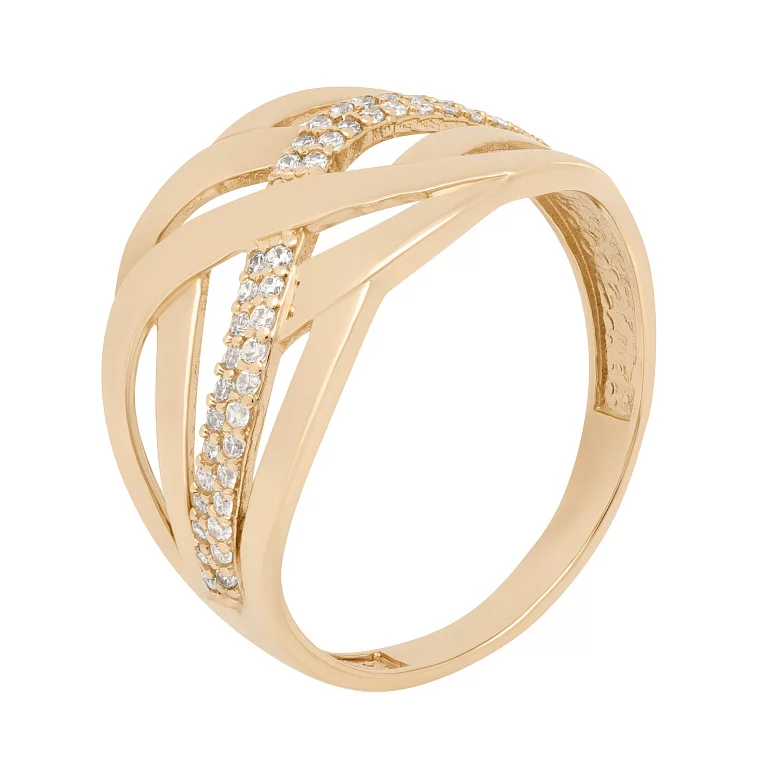 Широкое золотое кольцо с фианитами "Переплетение". Артикул 116191: цена, отзывы, фото – купить в интернет-магазине AURUM