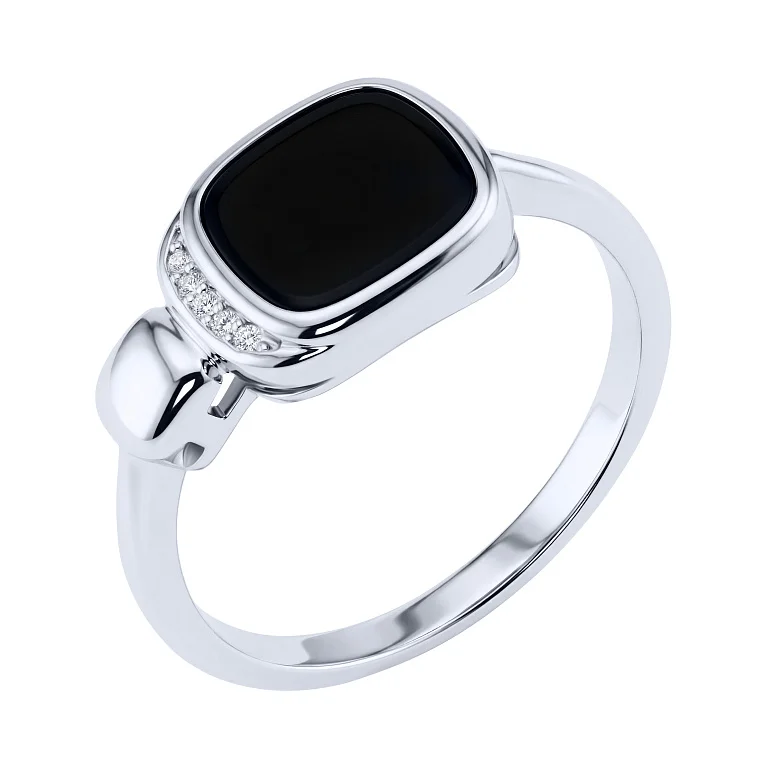 Серебряное кольцо с ониксом и фианитами  - 2217870