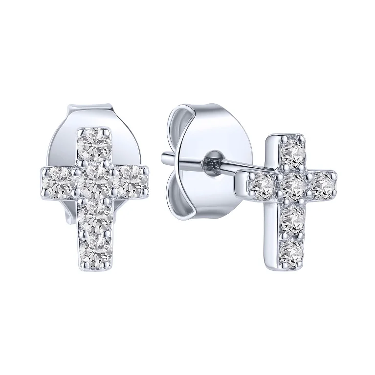 Сережки-пусети у сріблі "Крестик" з фіанітами - 2159984