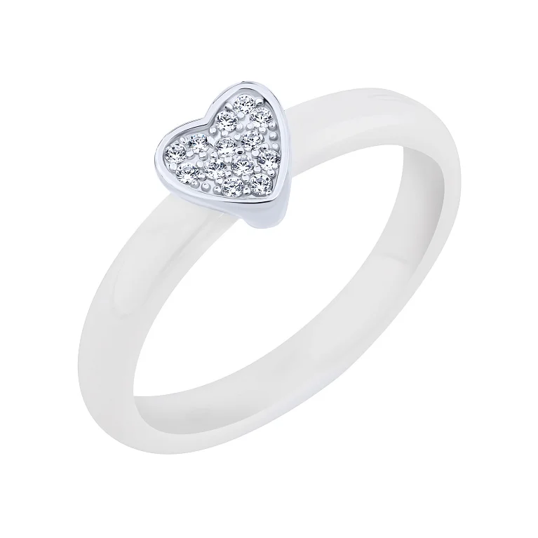 Каблучка з керамікою та срібною вставкою "Сердце" з фіанітами - 2138128