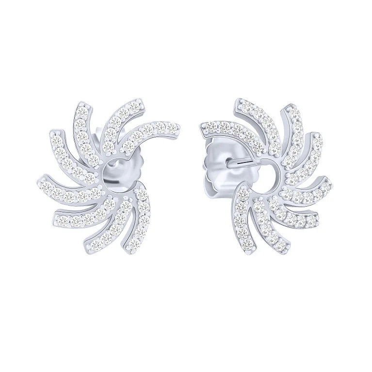 Серебряные серьги-пусеты "Завитки" с фианитами  - 2099652