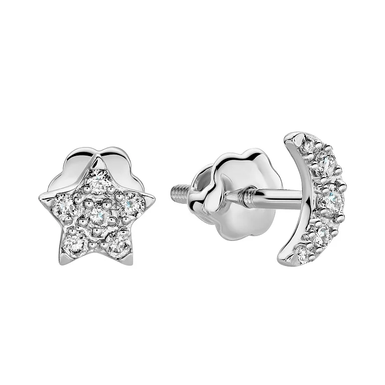Сережки-пусети "Зірка та місяць" з білого золота з діамантами - 2205763