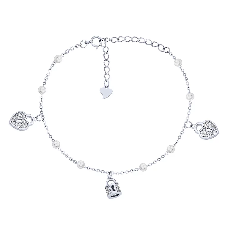 Срібний браслет з підвісами "Сердечка" з фіанітами плетіння якір. Артикул 7509/Б2Ф/717: ціна, відгуки, фото – купити в інтернет-магазині AURUM
