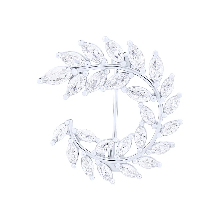 Брошка зі срібла "Гілка з листям" з фіанітами - 2132244