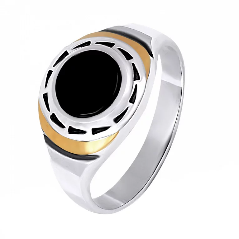 Перстень-печатка з оніксом і позолотою із срібла. Артикул 7206/593о: ціна, відгуки, фото – купити в інтернет-магазині AURUM