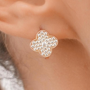 Сережки "Клевер" из красного золота с фианитами - 1614607