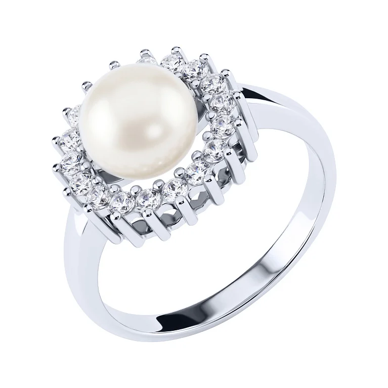 Серебряное кольцо с жемчужиной и фианитами  - 2221619