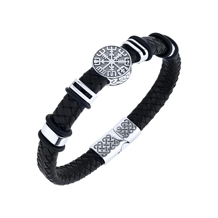 Шкіряний браслет зі вставками срібла і з чорнінням - 2127741