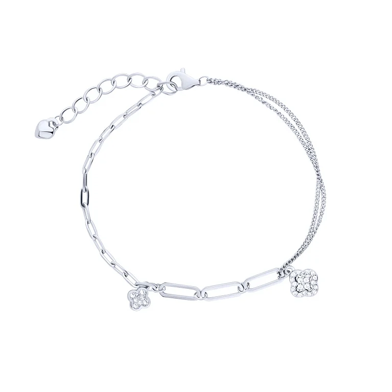 Срібний браслет "Конюшина" з підвісами у подвійному плетінні з фіанітами - 2127260 Срібний браслет "Конюшина" з підвісами у подвійному плетінні з фіанітами - 2127260