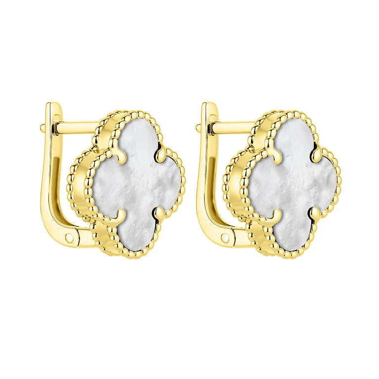 Серьги "Клевер" из желтого золота с перламутром - 2125848