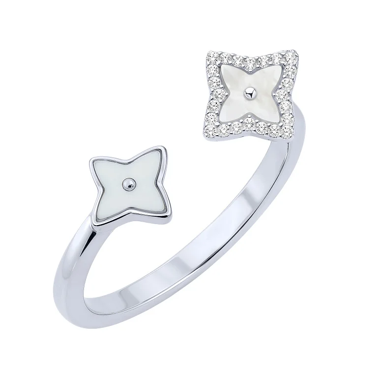 Незамкнутое кольцо "Цветы" из серебра с фианитами и имитацией перламутра - 2205798